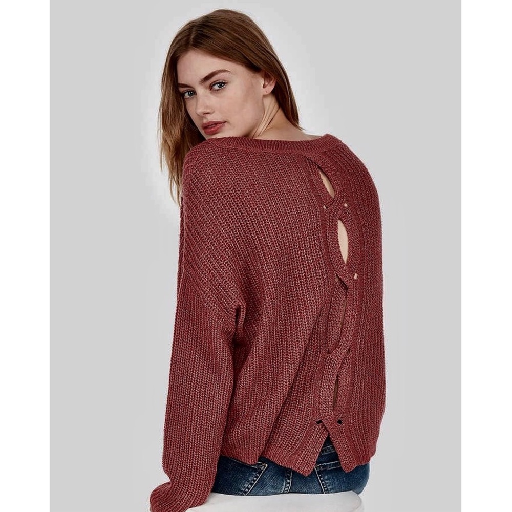 Express Cable Knit Split Back Pullover Sweater - image 1